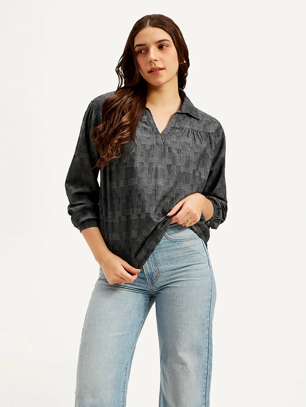 Women's Abstract Charcoal Grey Spread Collar Top 1