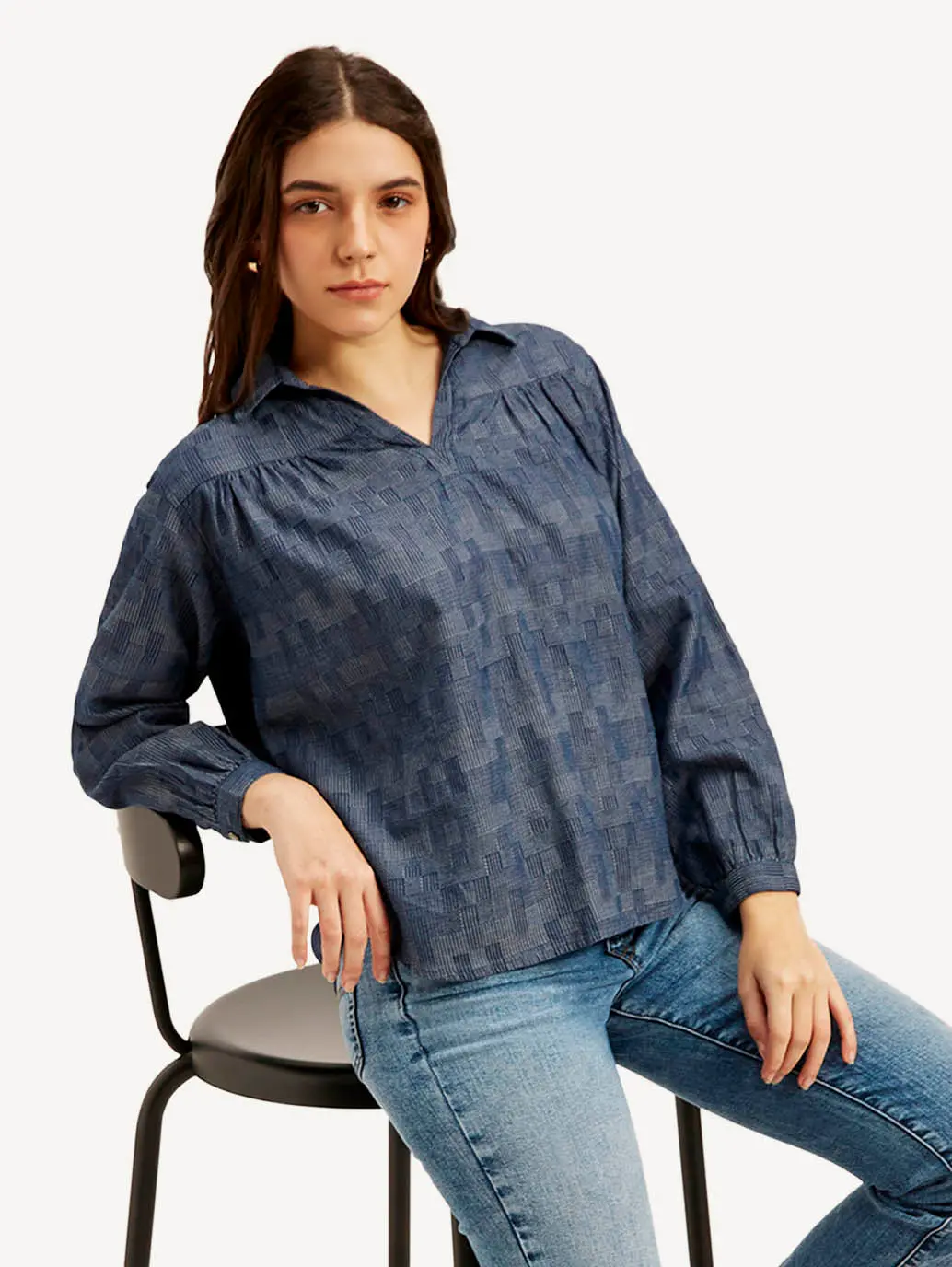 Women's Abstract Dark Blue Spread Collar Top 1