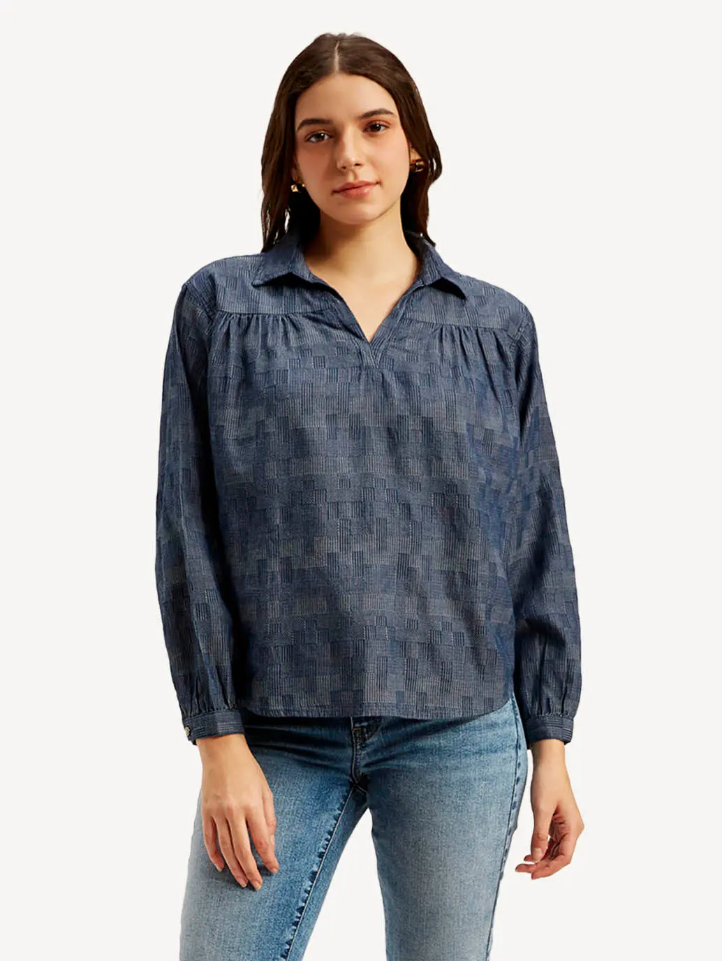 Women's Abstract Dark Blue Spread Collar Top 4
