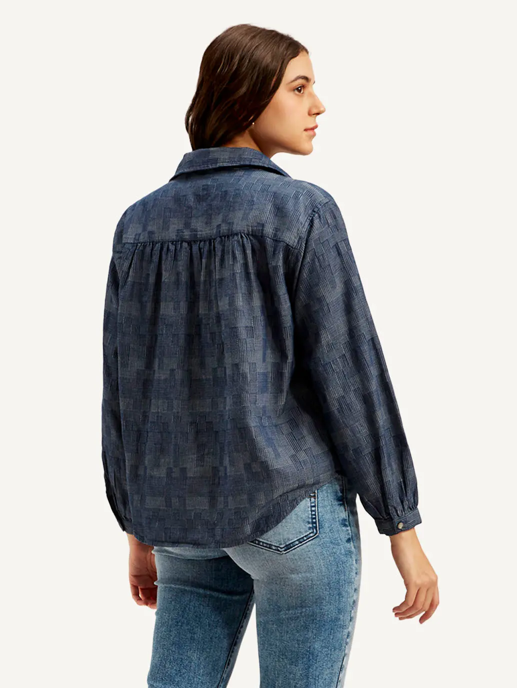 Women's Abstract Dark Blue Spread Collar Top 5