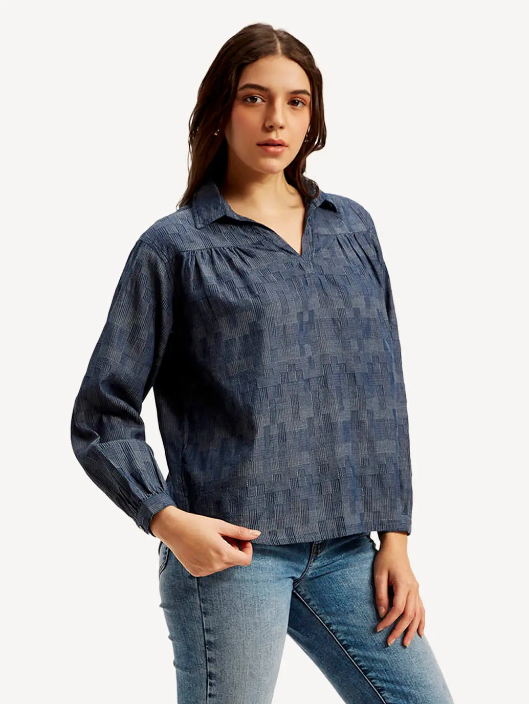 Women's Abstract Dark Blue Spread Collar Top 3