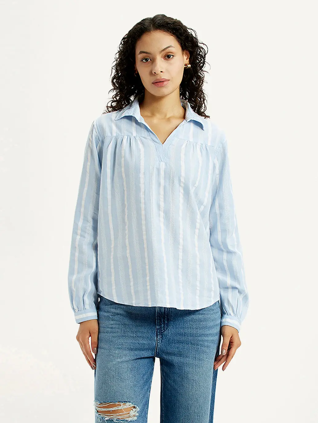 Women's Striped Light Blue Spread Collar Top 1