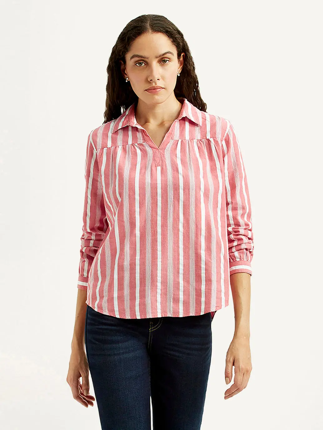 Women's Striped Pink Spread Collar Top 1