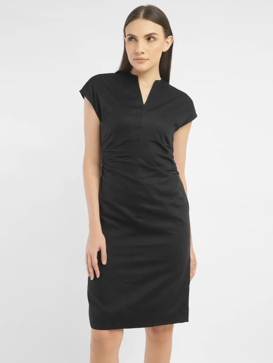 Women's Solid Black V Neck Dress 1