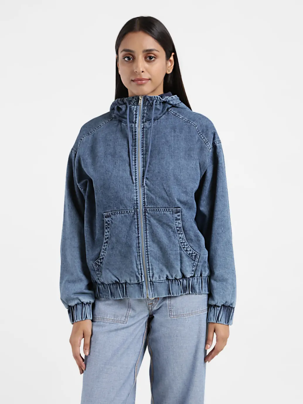 Women's Solid Blue Hooded Tailored Jacket 1