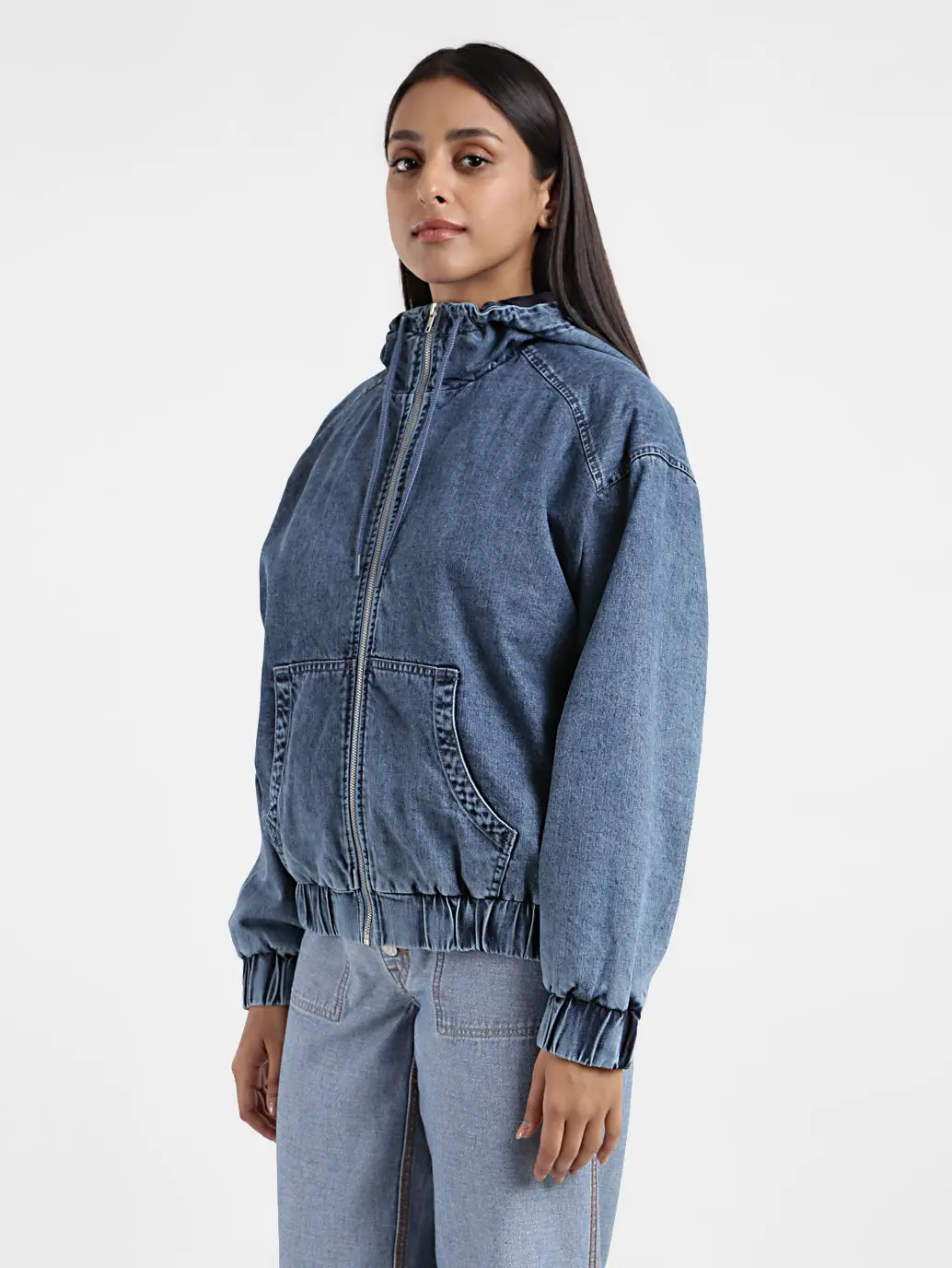 Women's Solid Blue Hooded Tailored Jacket 4