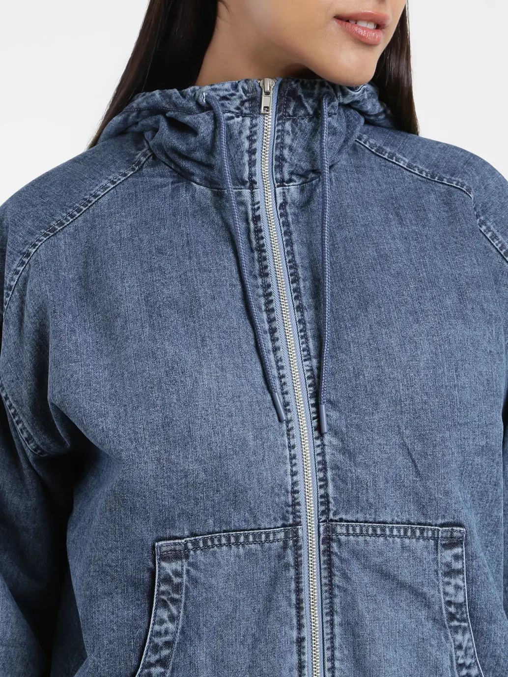 Women's Solid Blue Hooded Tailored Jacket 5