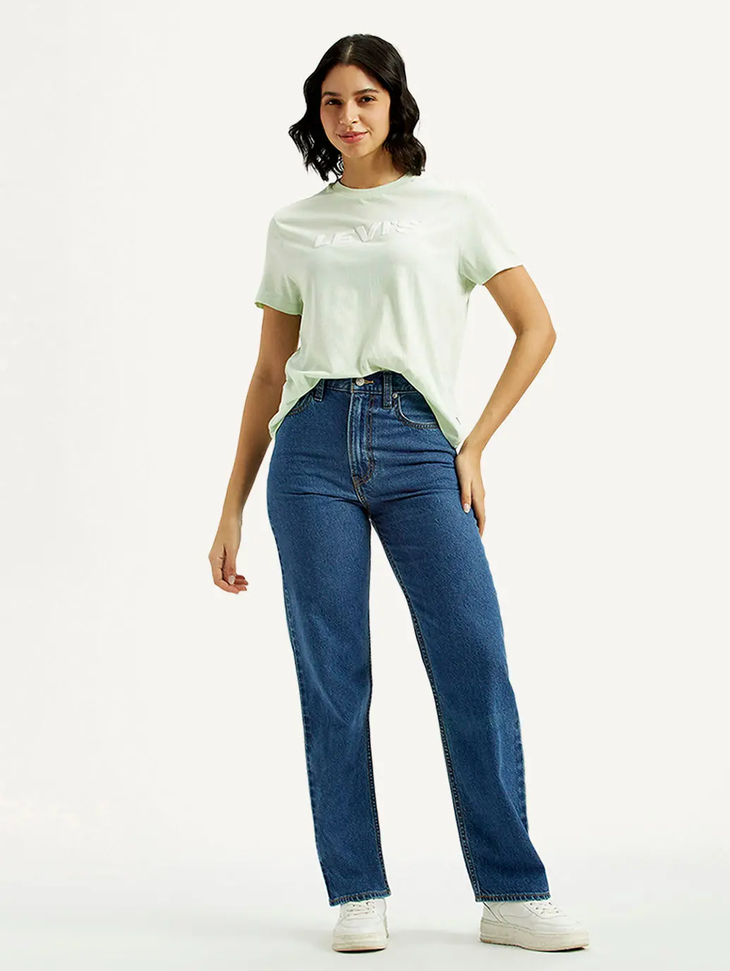 Women's Med Indigo Ribcage Straight Fit High Rise Jeans 1
