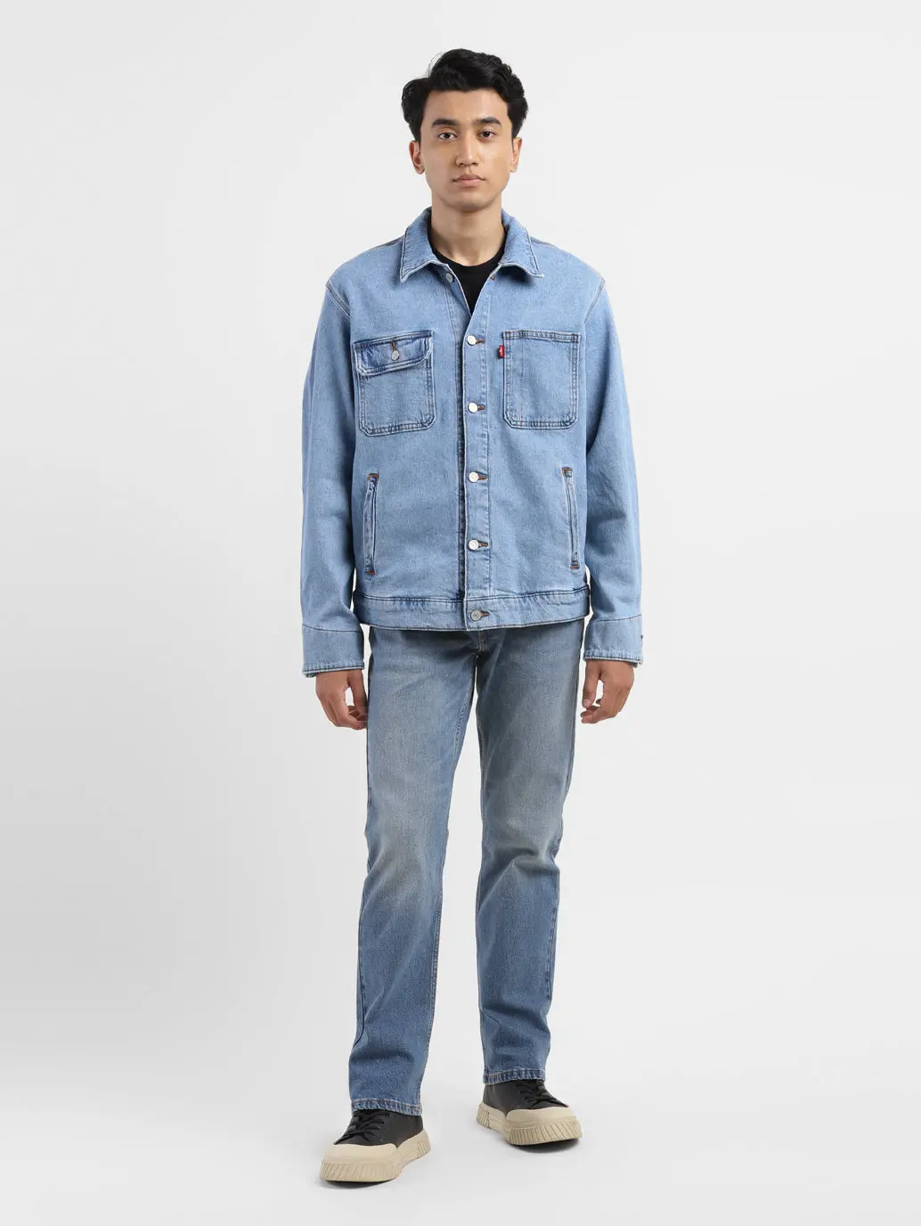 Men's Solid Blue Collar Neck Denim Jacket 1