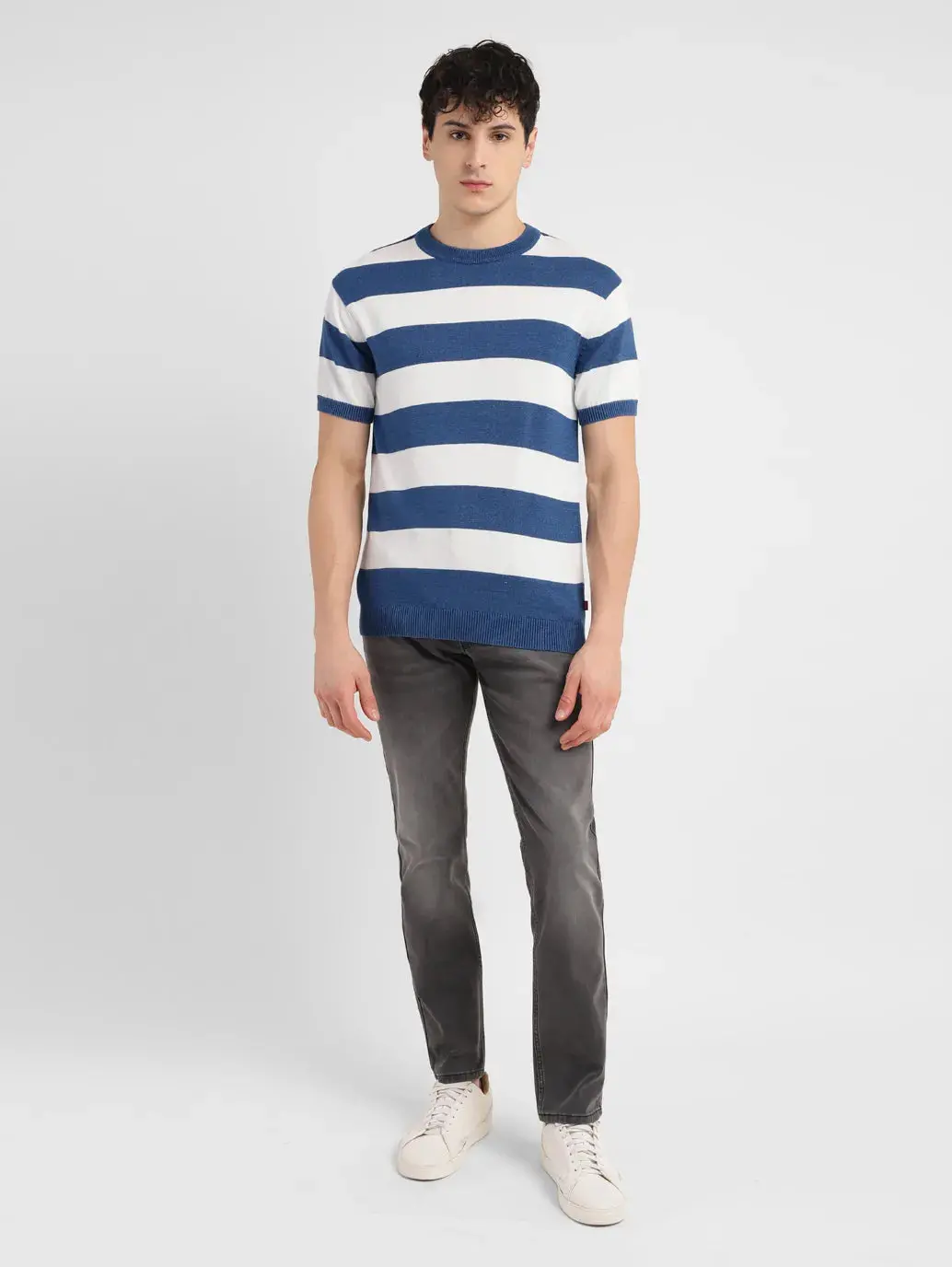 Men's Striped Blue Crew Neck Sweater 1