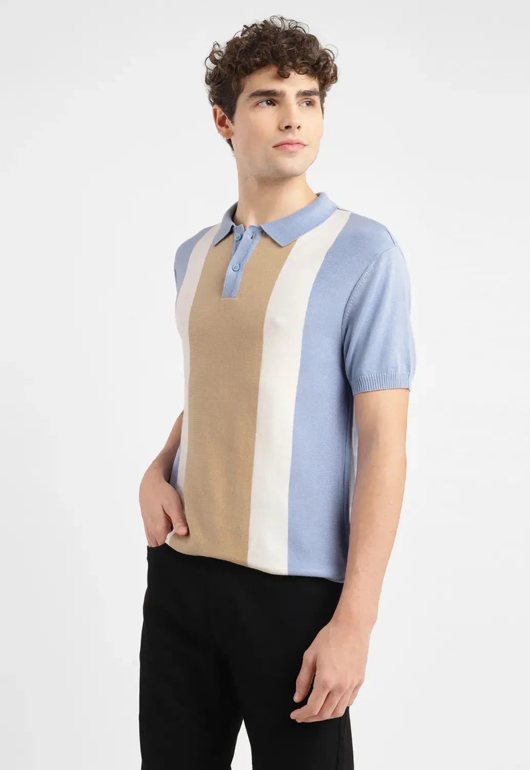Men's Colorblock Blue Polo Collar Sweater 1