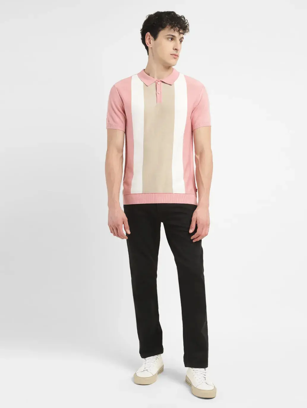 Men's Colorblock Pink Polo Collar Sweater 1