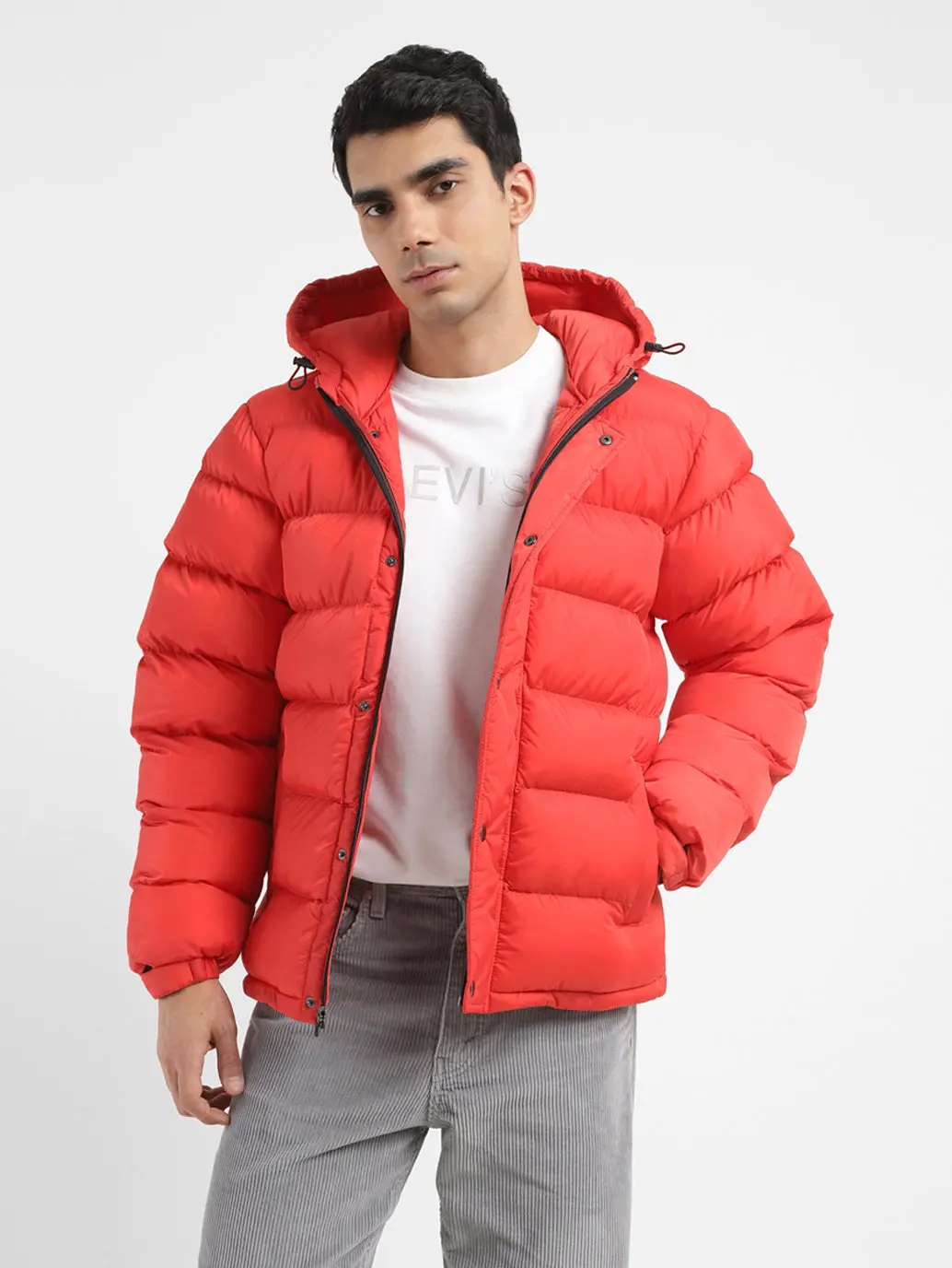 Men's Solid Red Hooded Quilted Jacket 1