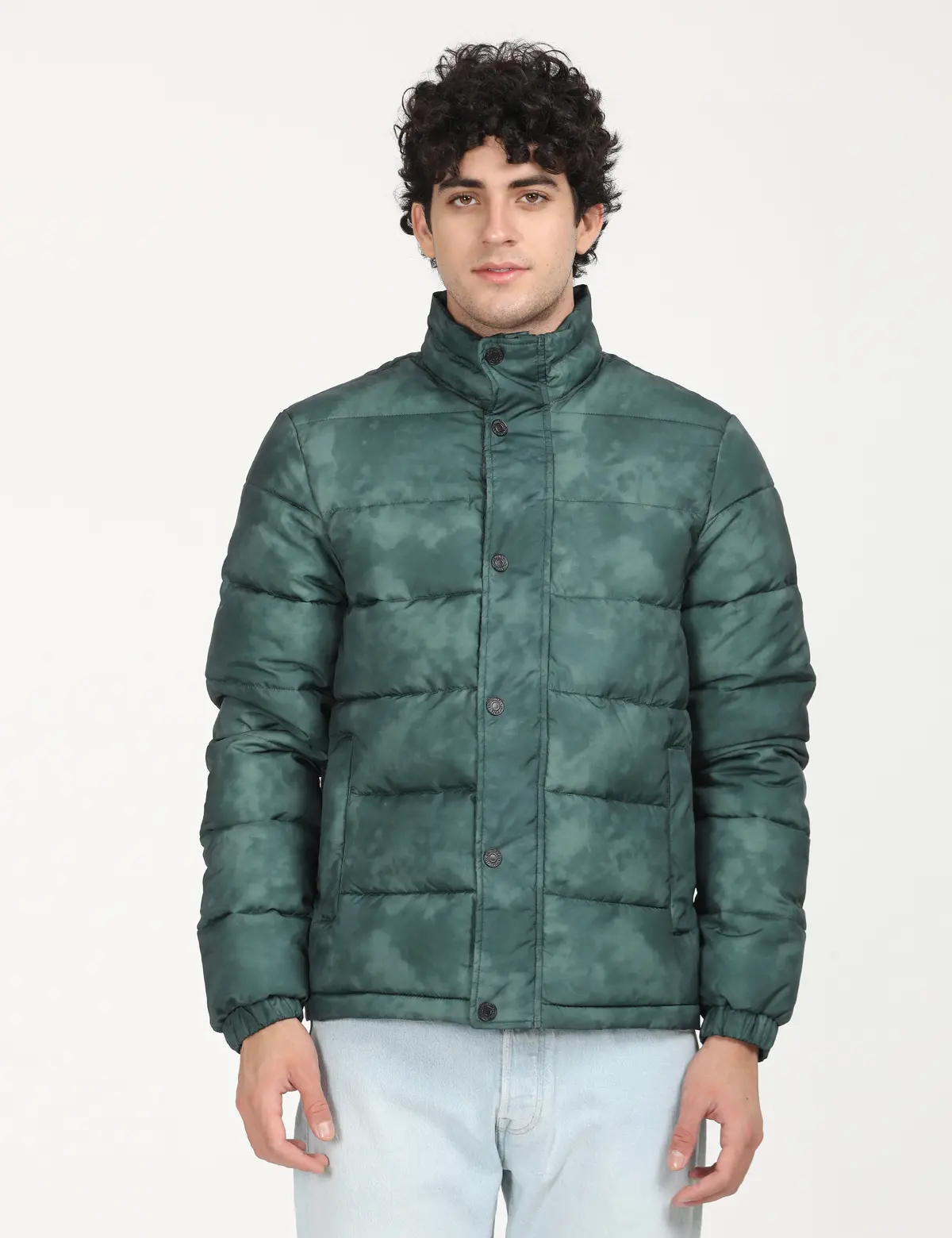 Men's Printed Teal High Neck Puffer Jacket 1