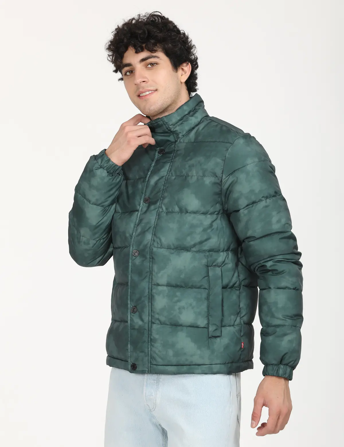 Men's Printed Teal High Neck Puffer Jacket 2