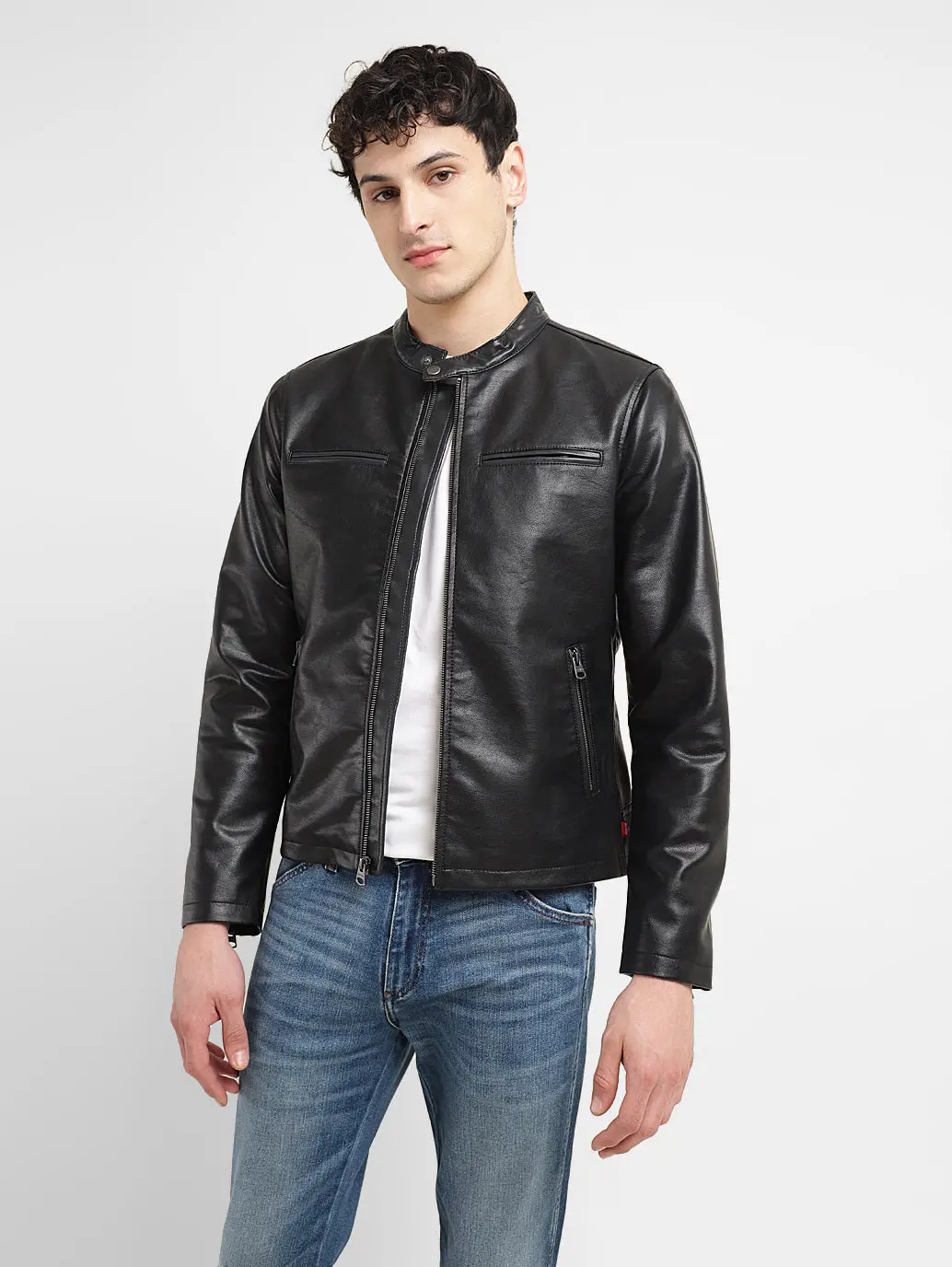 Men's Solid Black Band Neck Biker Jacket 1
