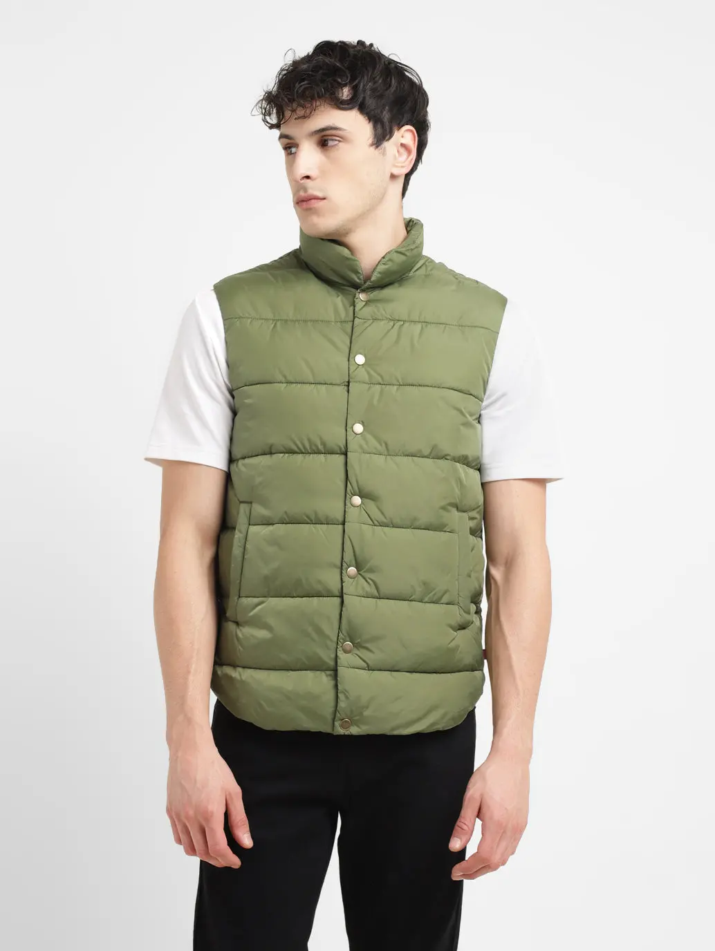 Men's Solid Green Band Neck Quilted Jacket 1