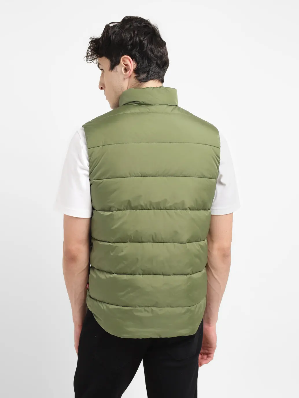 Men's Solid Green Band Neck Quilted Jacket 3