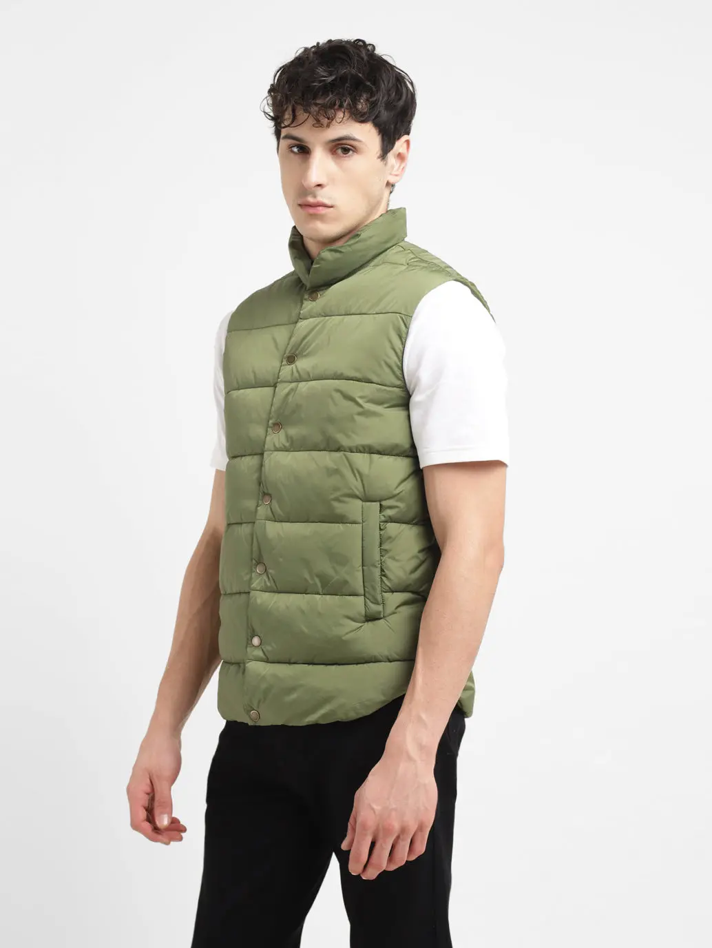 Men's Solid Green Band Neck Quilted Jacket 4