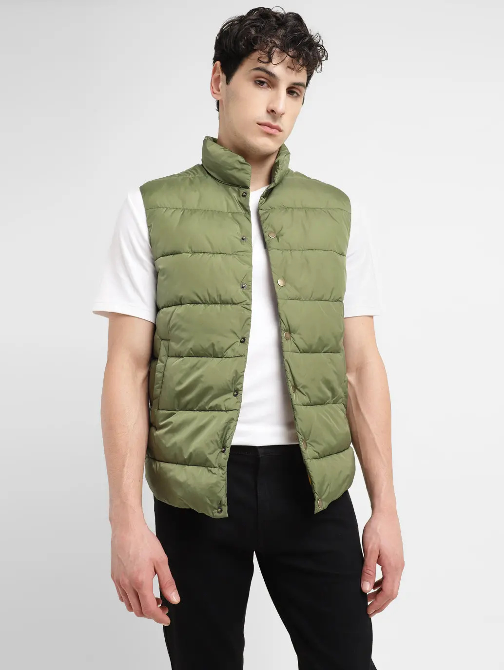 Men's Solid Green Band Neck Quilted Jacket 2