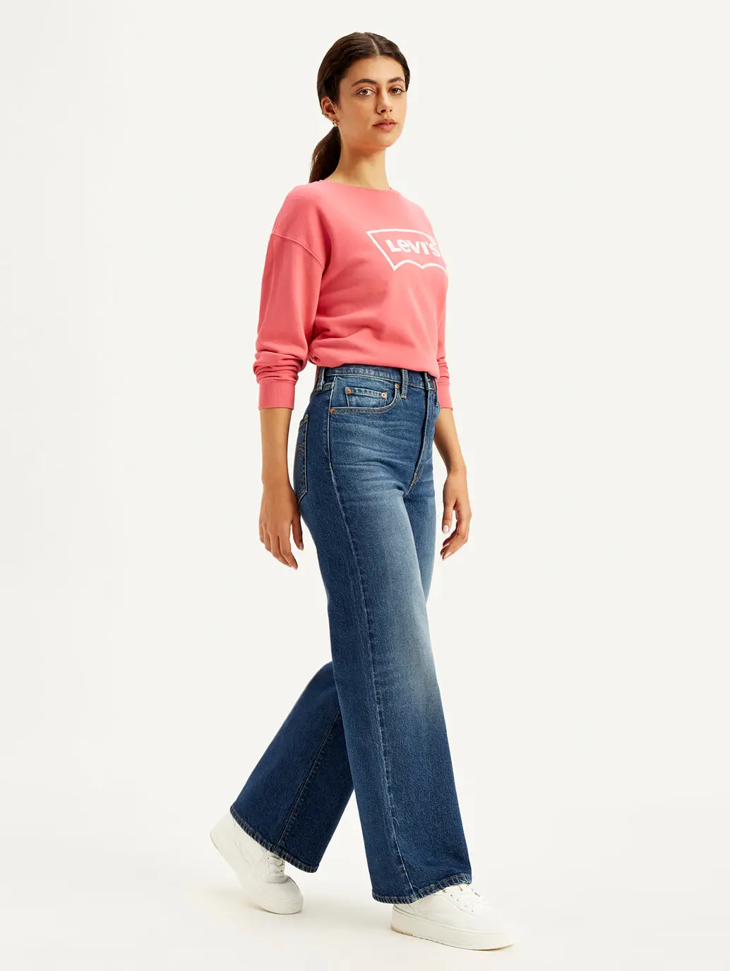 Women's Blue Ribcage Bell Bottom Wide Leg Fit High Rise Jeans 4