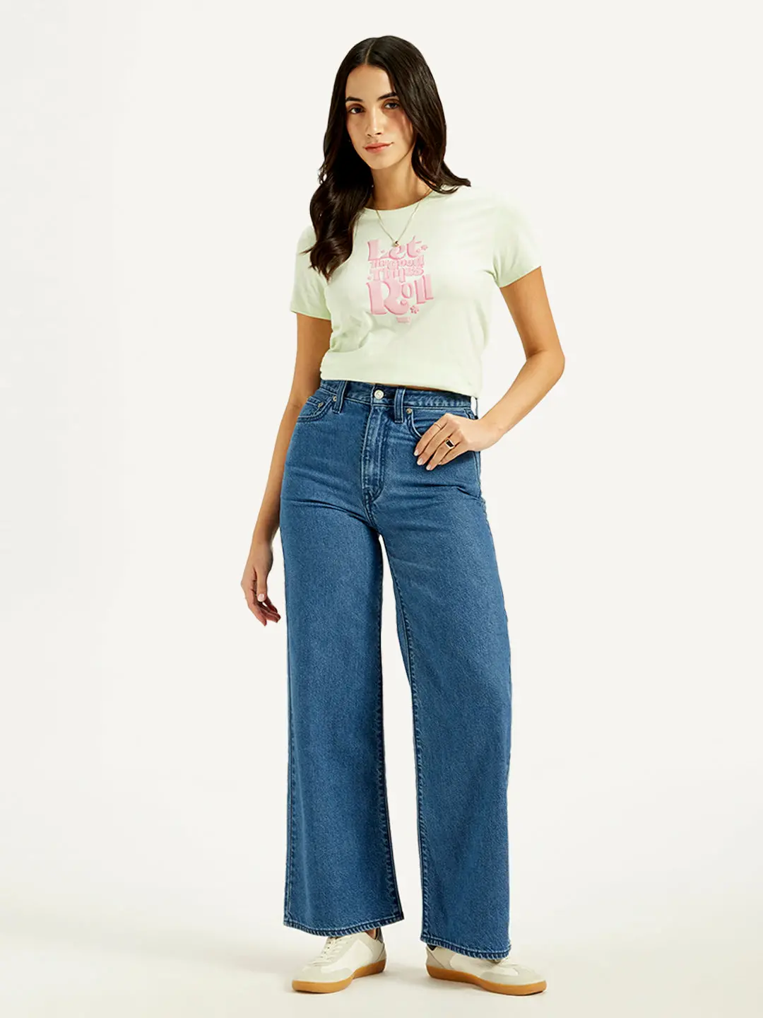 Women's Blue Ribcage Bell Bottom Wide Leg Fit High Rise Jeans 1