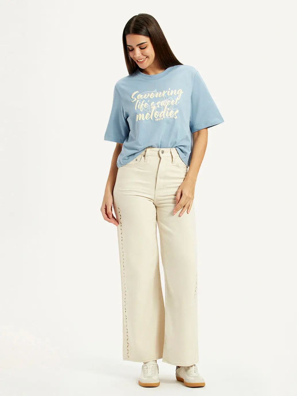Women's Cream Ribcage Wide Leg Fit High Rise Jeans 1