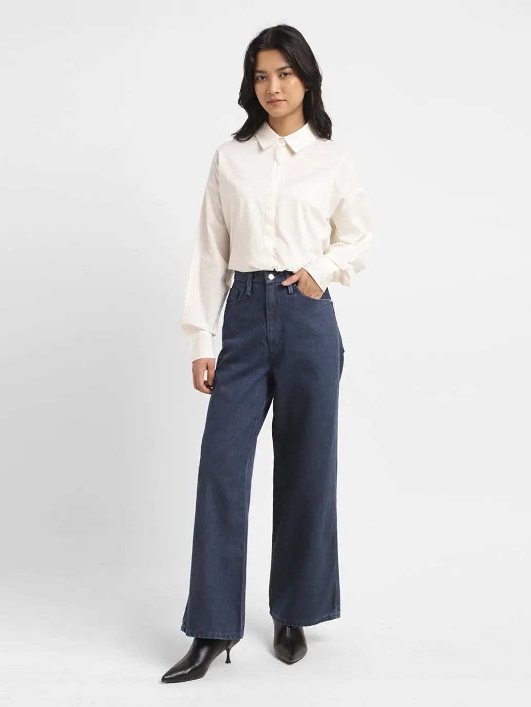 Women's Blue Ribcage Bell Bottom Wide Leg Fit High Rise Jeans 1