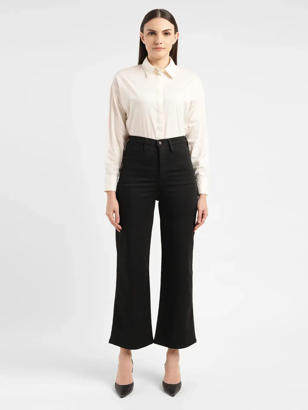 Women's Redloop Black Ribcage Bell Bottom Wide Leg Fit High Rise Jeans 1