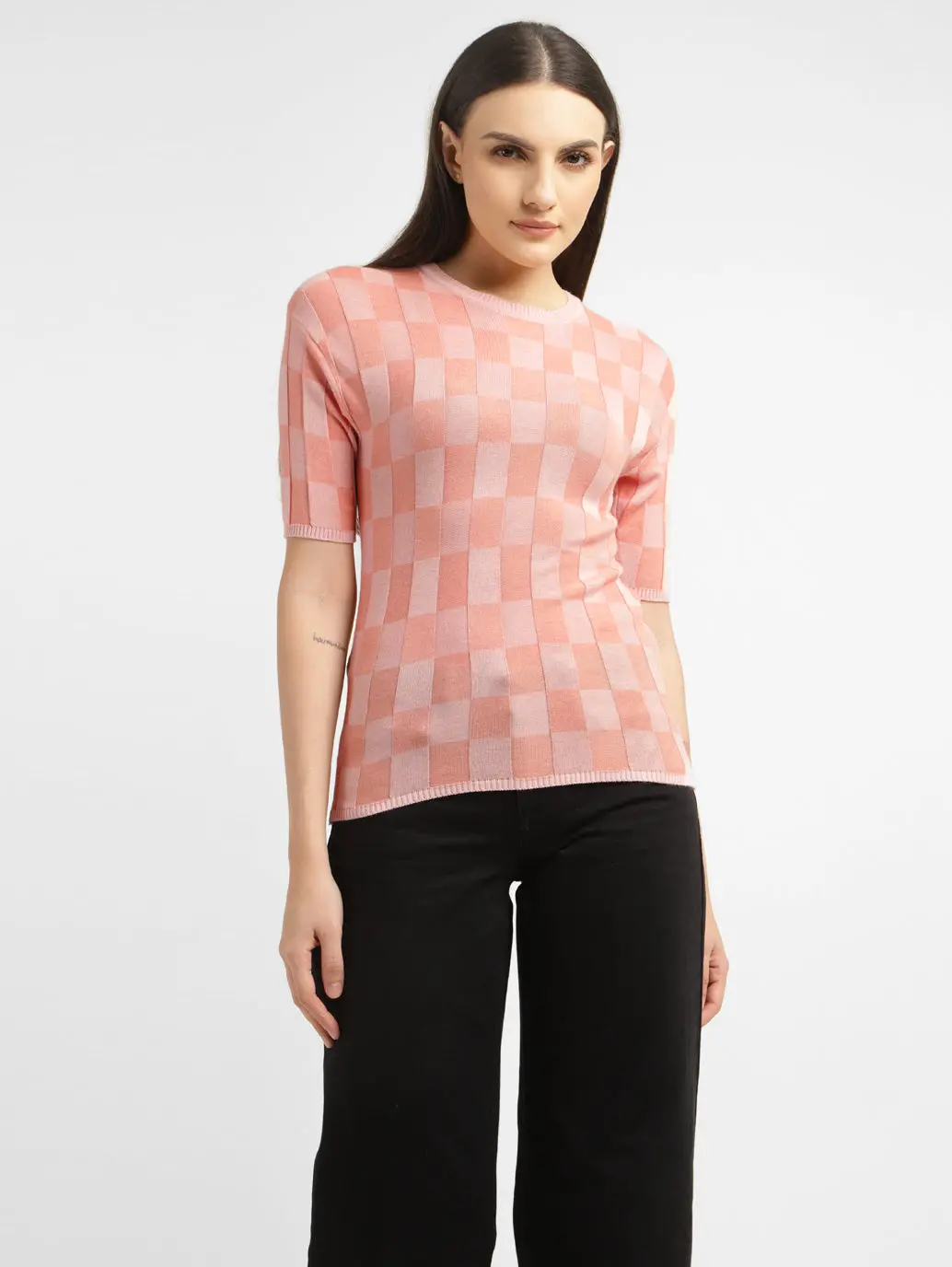 Women's Checked Crew Neck Top 1