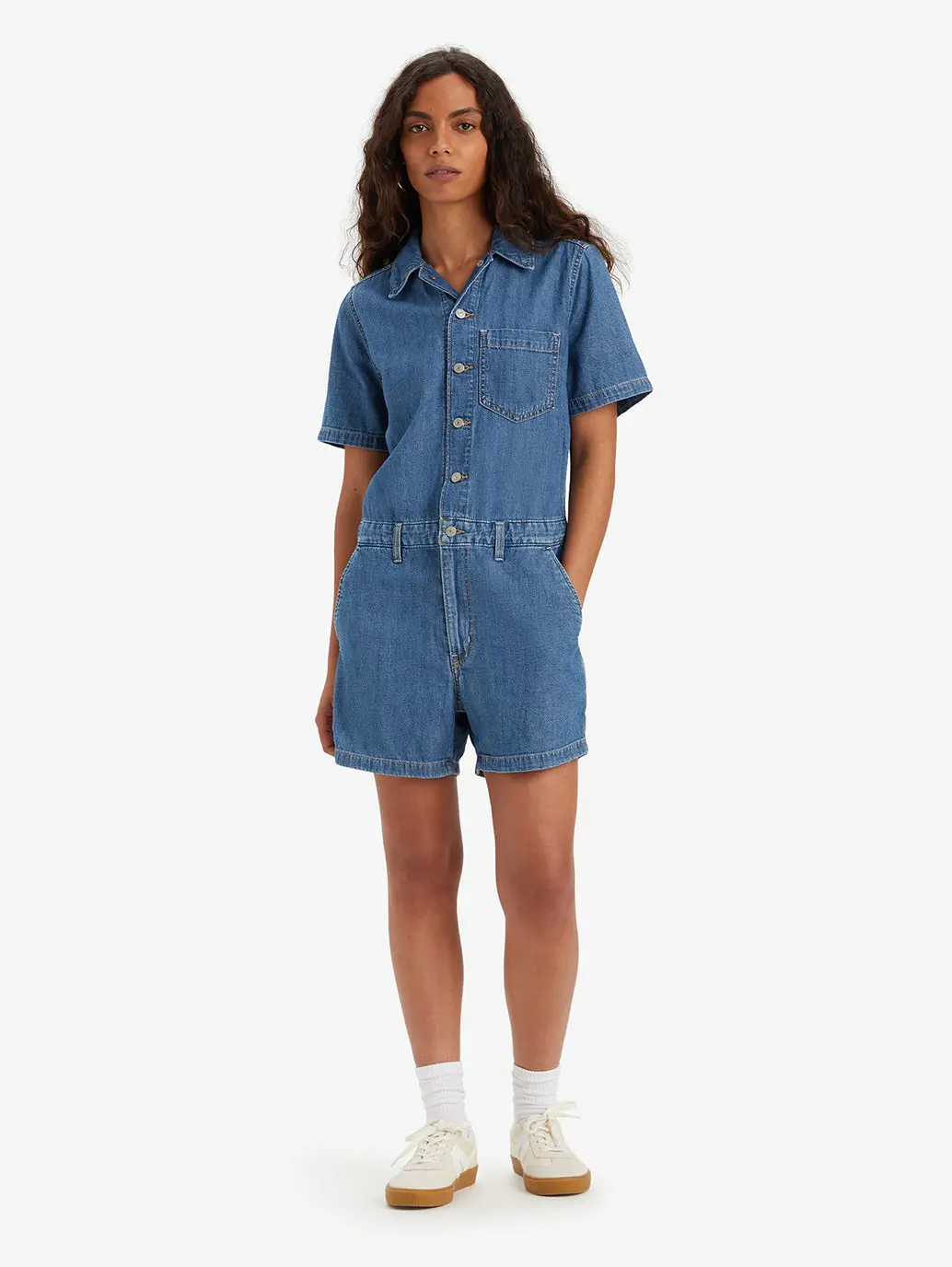 Women's Solid Blue Spread Collar Romper 1