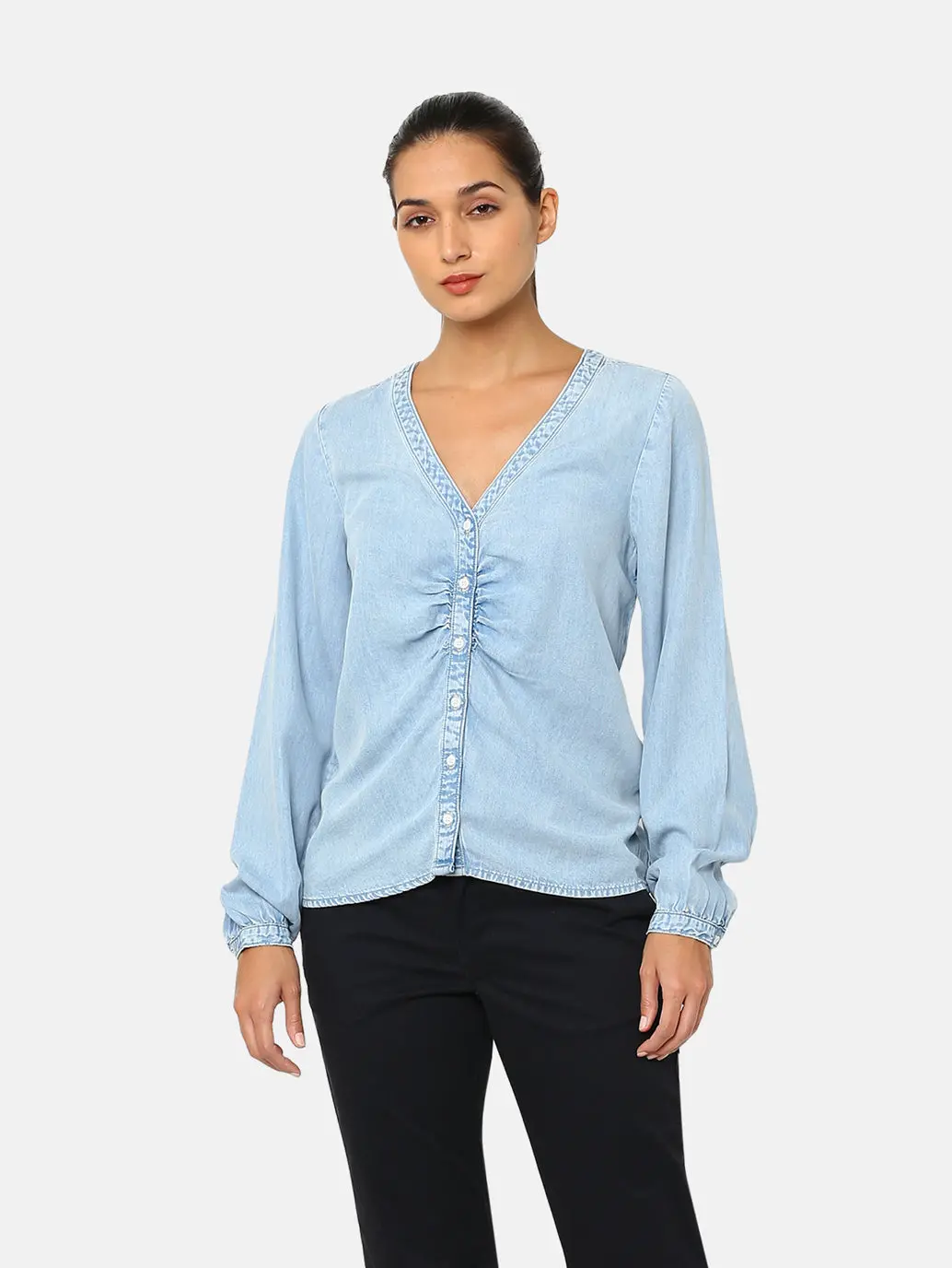 Women's Solid Blue V Neck Lace Top 1