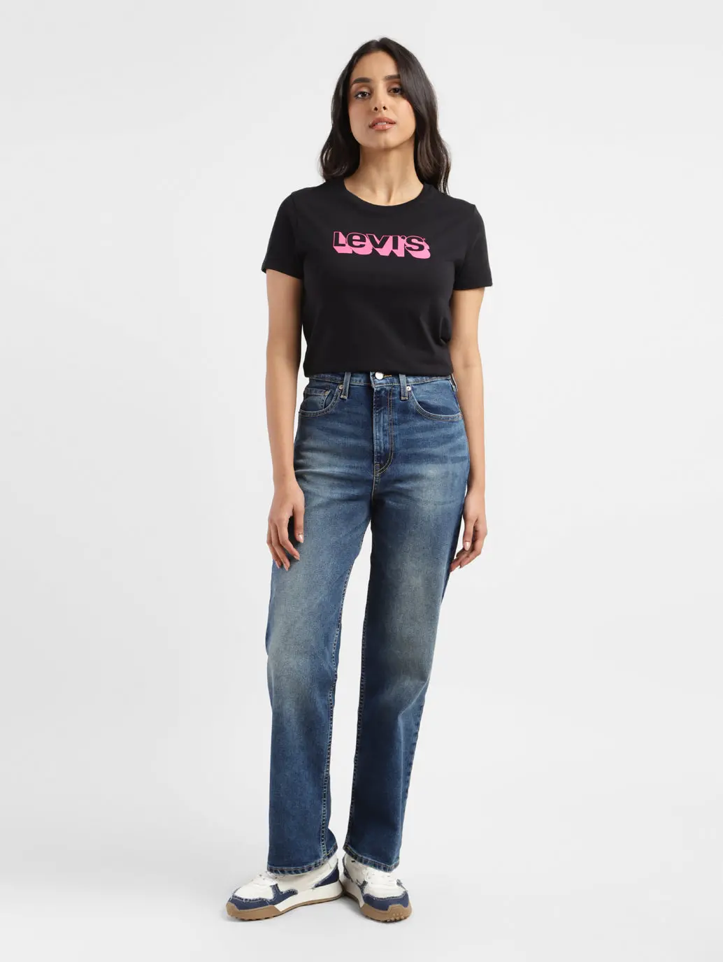 Women's Blue Ribcage Straight Fit Mid Rise Jeans 1