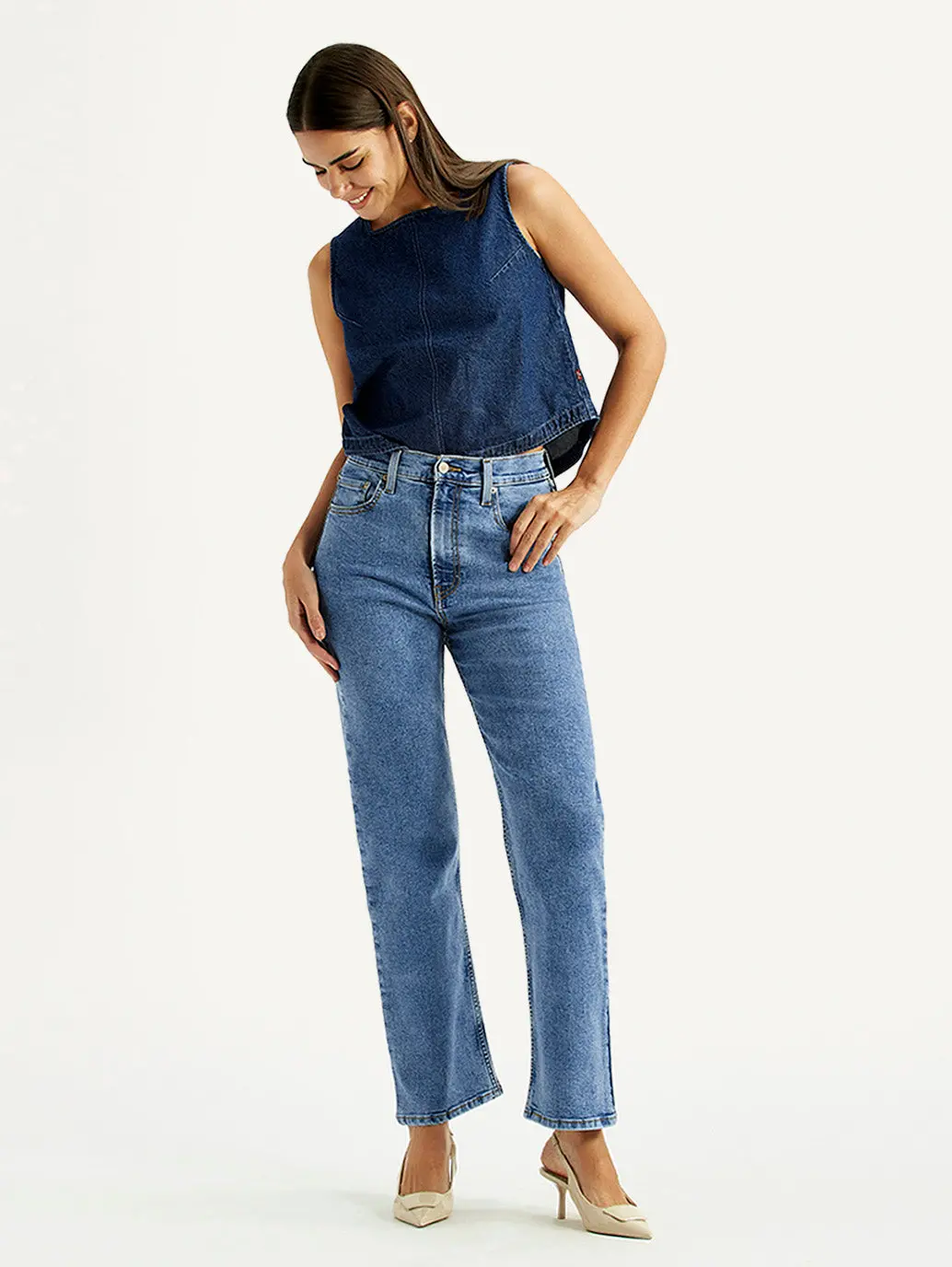 Women's Med Indigo Ribcage Straight Fit High Rise Jeans 1