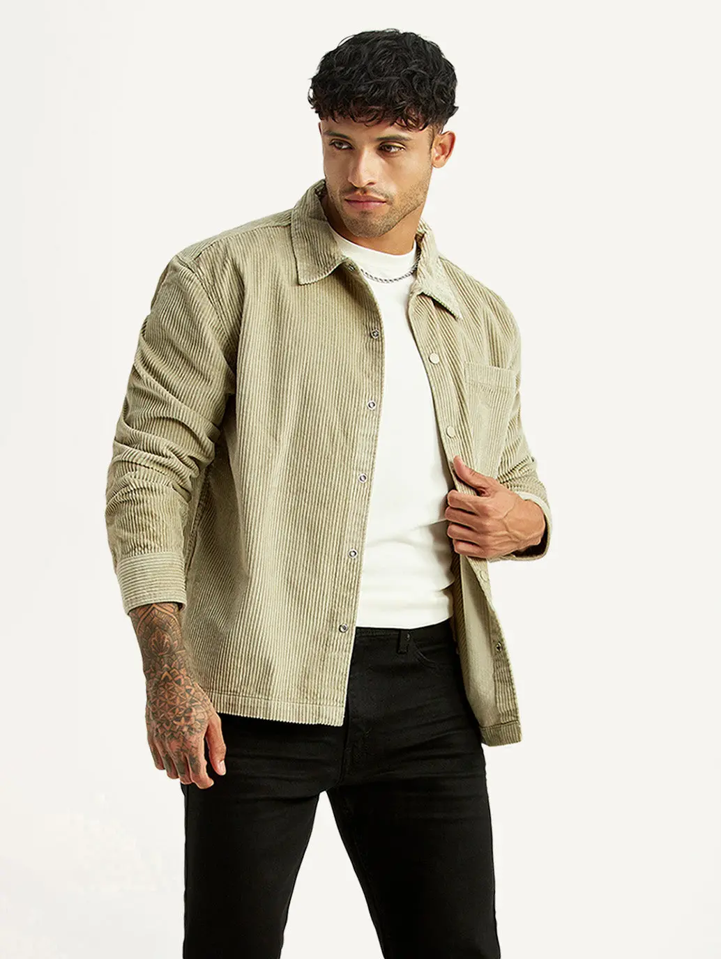 Men's Textured Green Relaxed Fit Corduroy Shirt 1