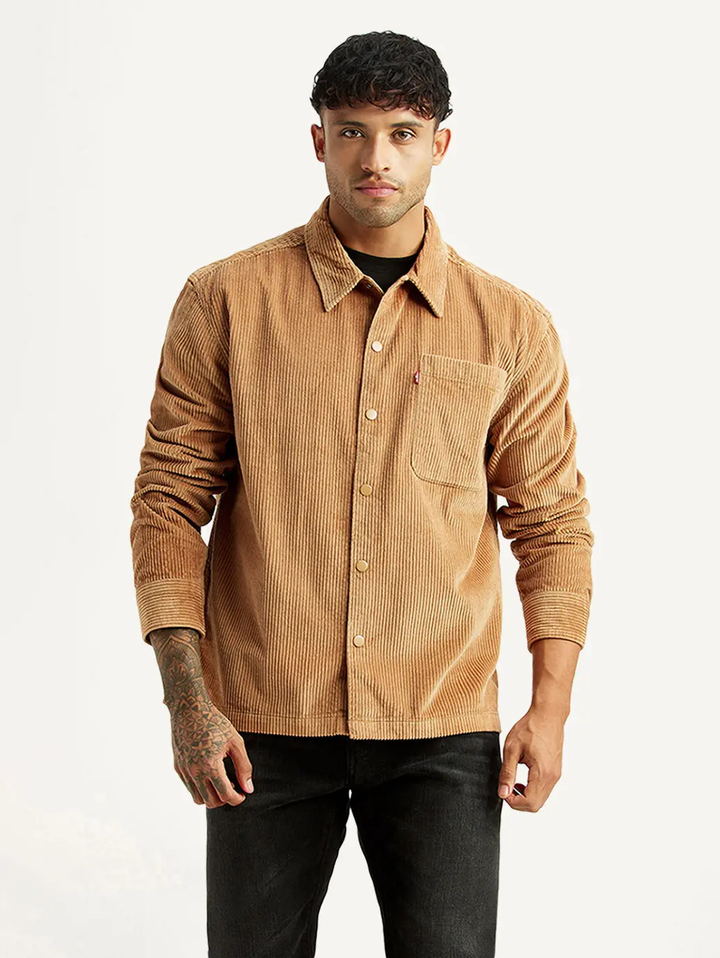 Men's Textured Tan Relaxed Fit Corduroy Shirt 1
