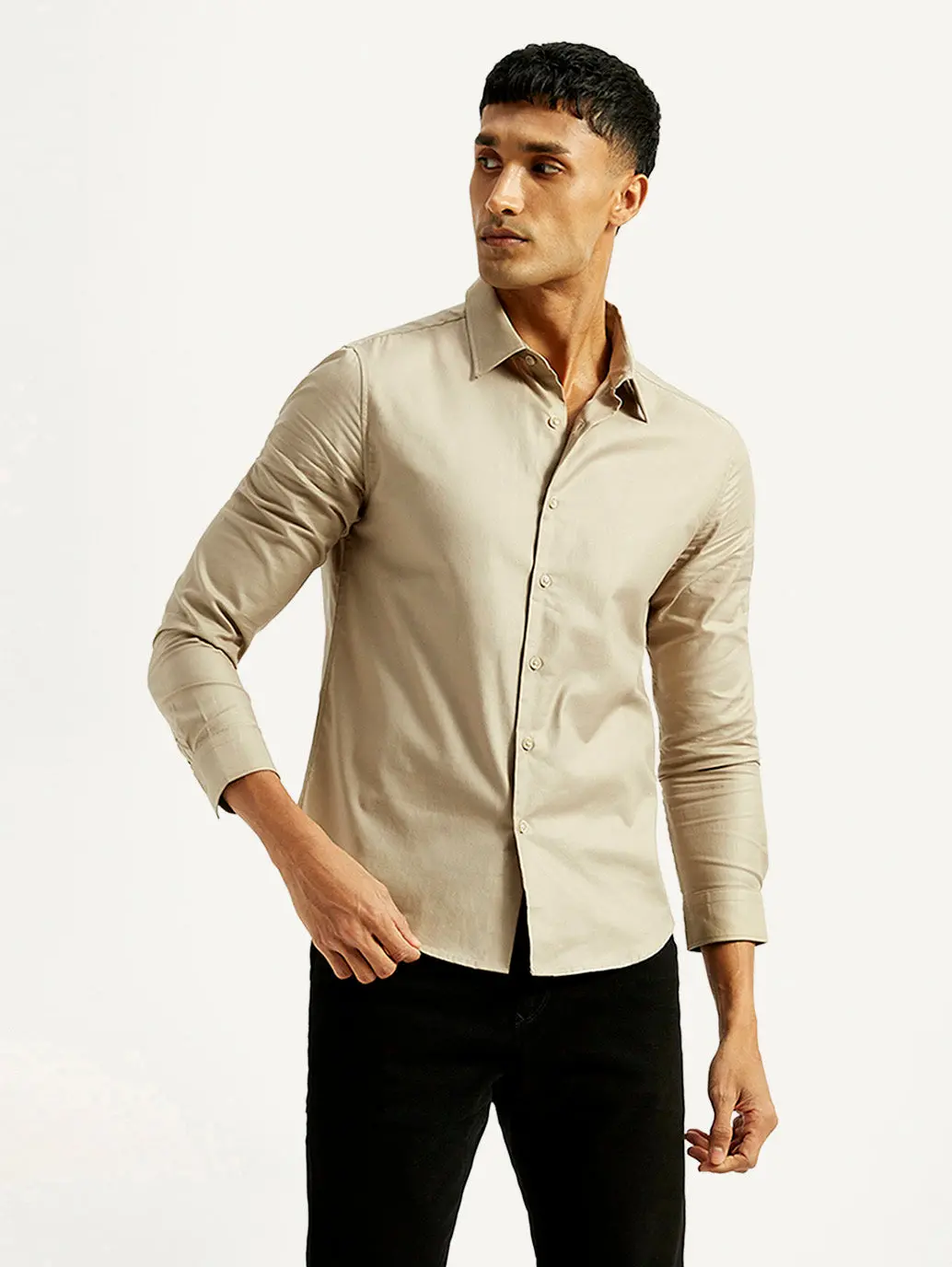 Men's Redloop Solid Beige Slim Fit Shirt 1