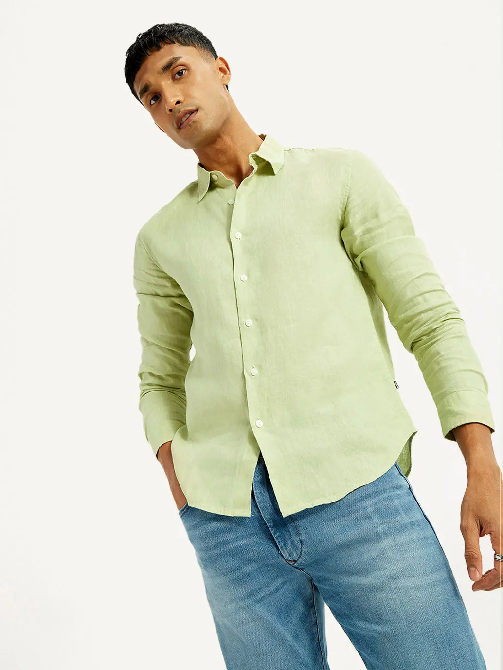 Men's Redloop Solid Light Green Slim Fit Linen Shirt 1