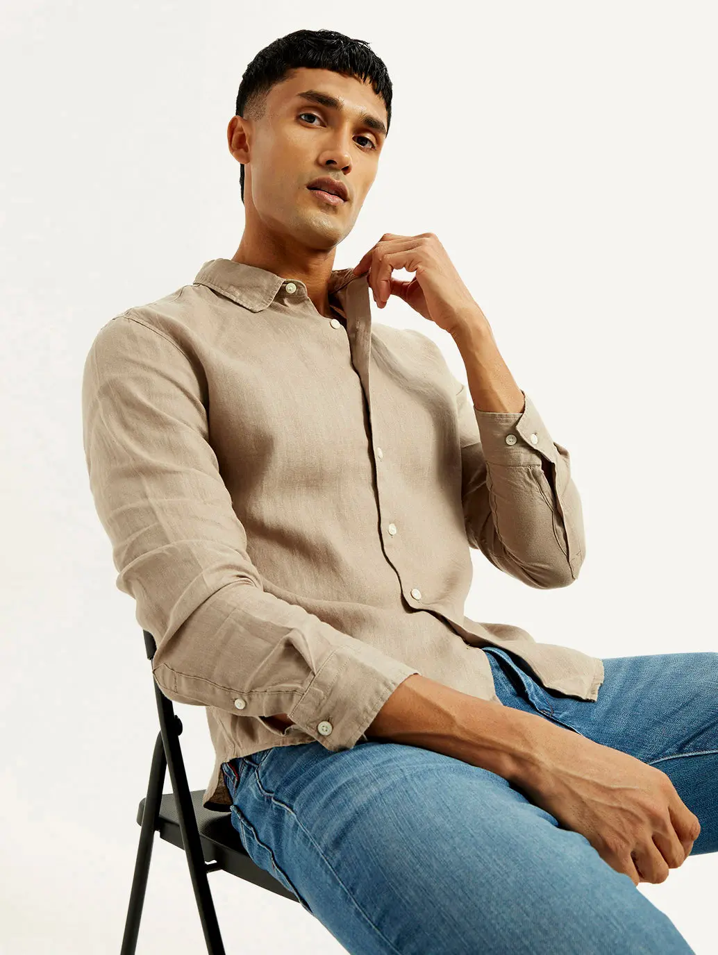 Men's Redloop Solid Beige Slim Fit Linen Shirt 1