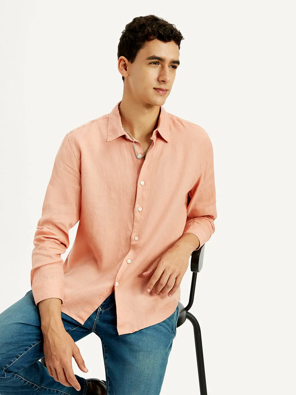 Men's Redloop Solid Peach Slim Fit Linen Shirt 1