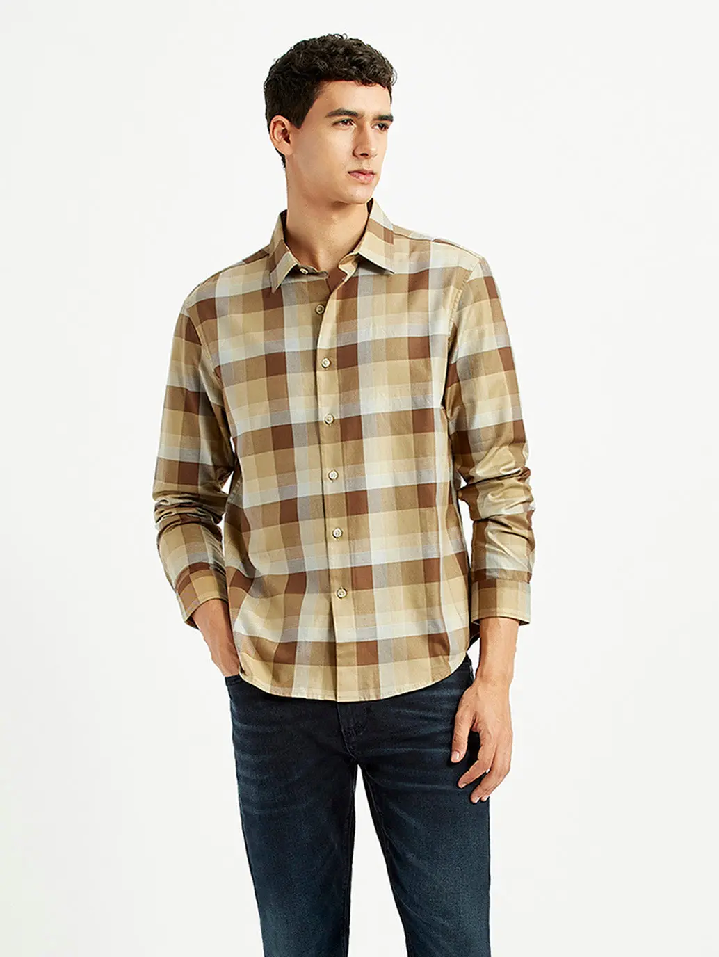 Men's Checkered Light Brown Slim Fit Shirt 1