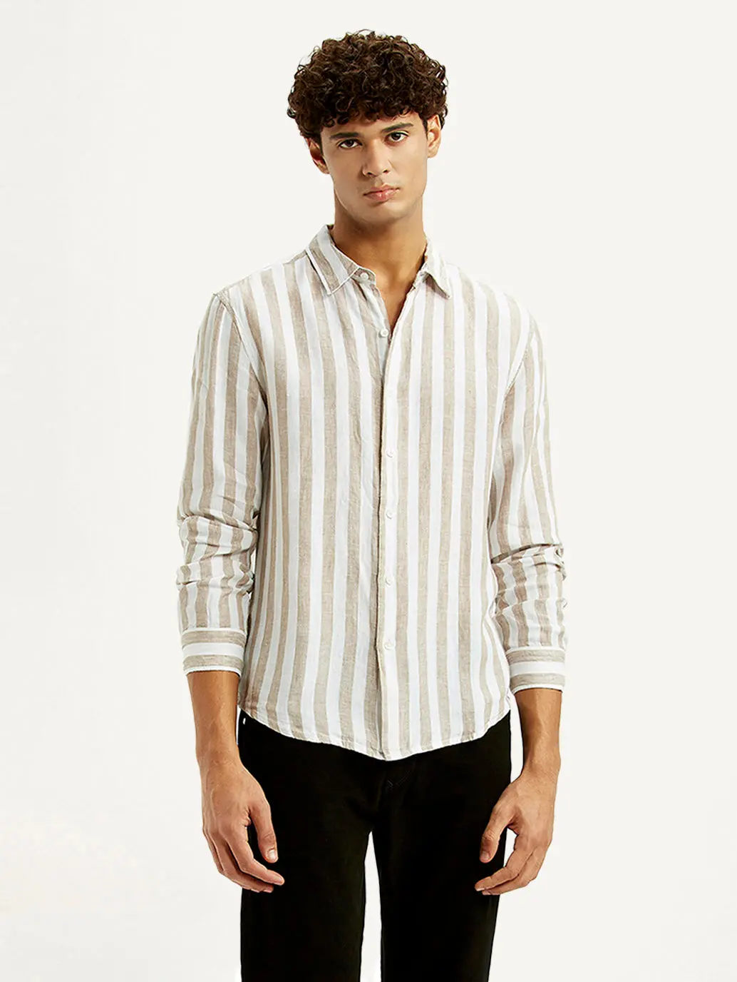 Men's Striped Beige Slim Fit Shirt 1