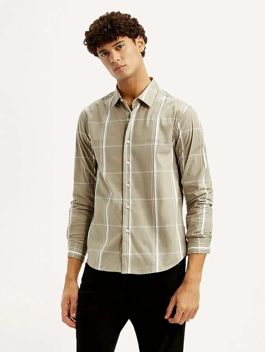 Men's Checkered Beige Slim Fit Shirt 1
