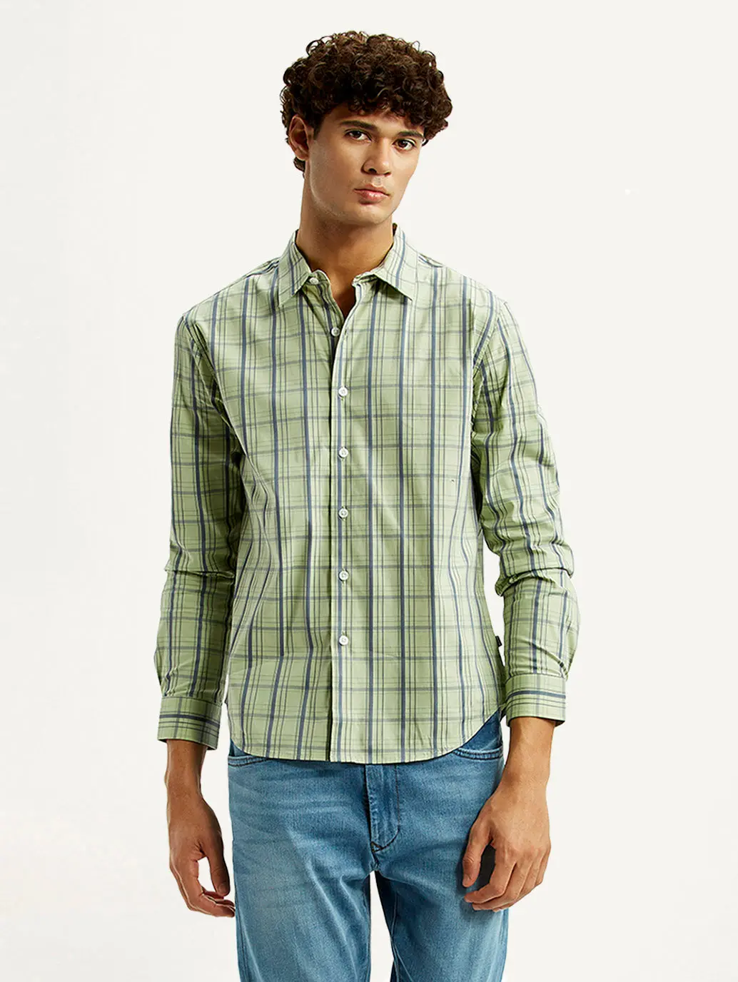 Men's Checkered Light Green Slim Fit Shirt 1