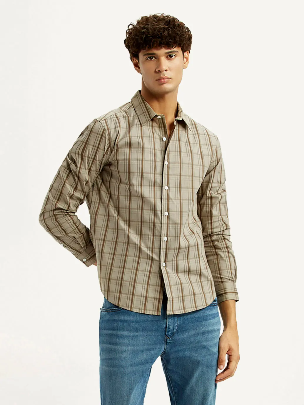 Men's Checkered Beige Slim Fit Shirt 1