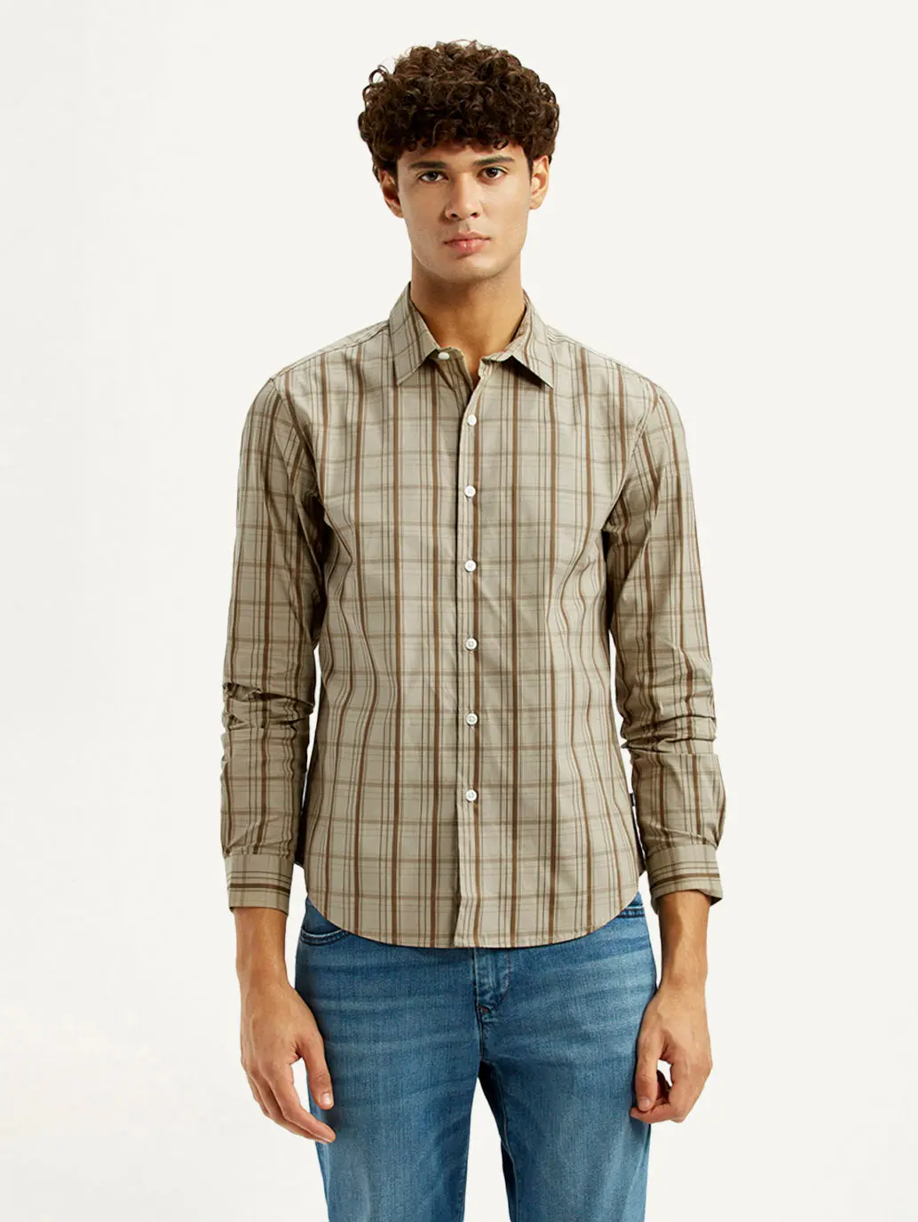Men's Checkered Beige Slim Fit Shirt 2
