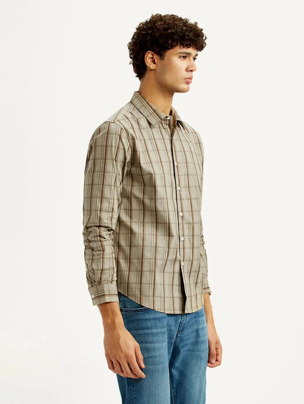 Men's Checkered Beige Slim Fit Shirt 5