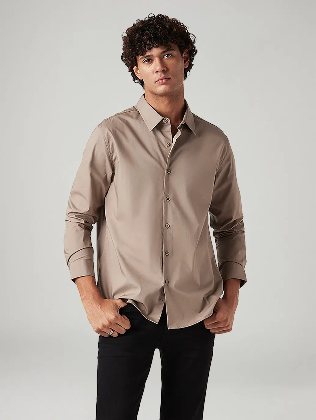 Men's Solid Beige Slim Fit Shirt 1