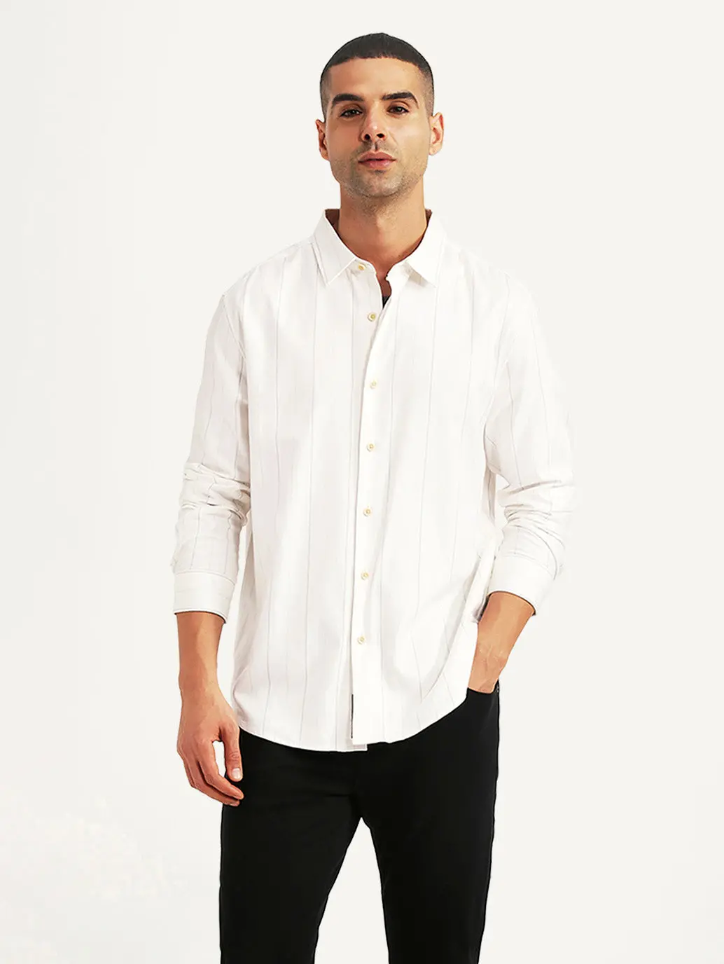 Men's Pin Stripes White Slim Fit Shirt 1