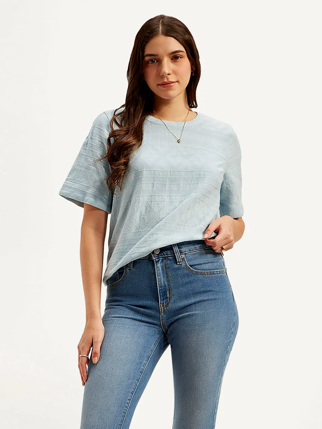 Women's Textured Light Blue Round Neck Top 1